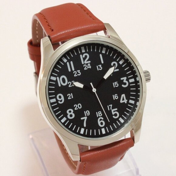 Men's Quartz Field Watch Silver Case Brown Leather Strap 42mm - Picture 2 of 12
